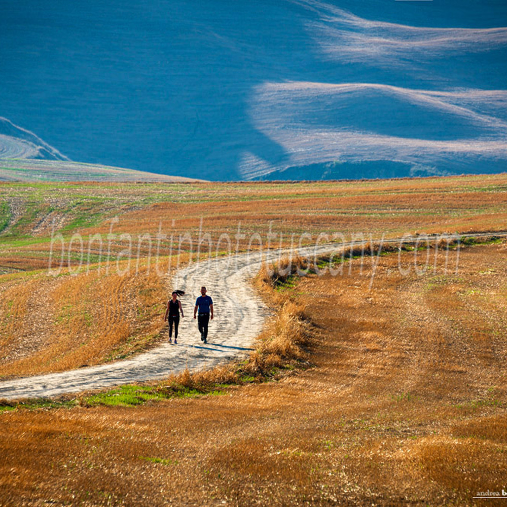 crete senesi landscape #88 country road with two hikers in mucigliani